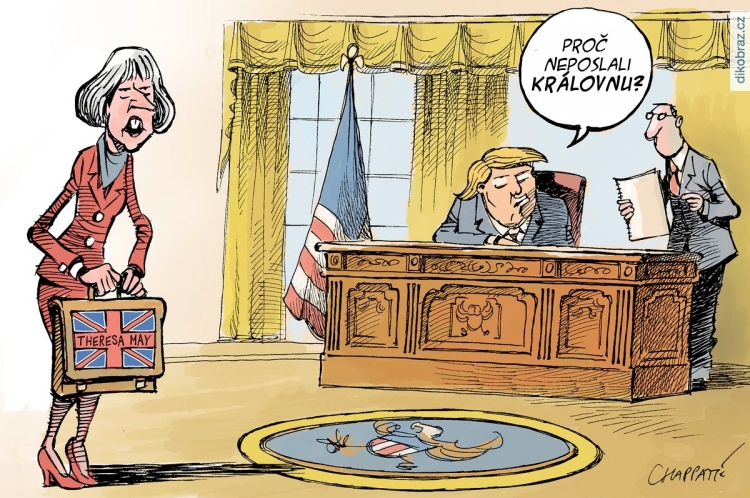 Chappatte č. - Návštva britské premiérky v USA