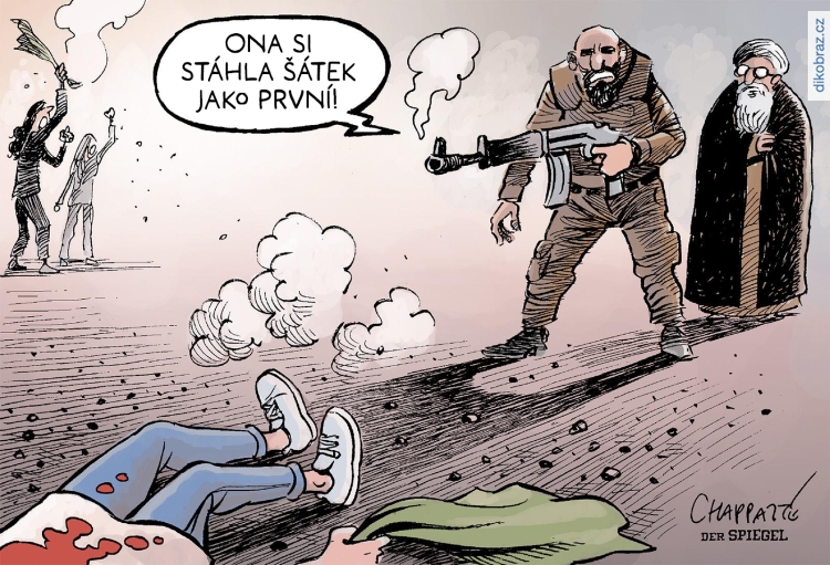 Chappatte vtipy č.56334 - Smrt Mahsi Amíníové