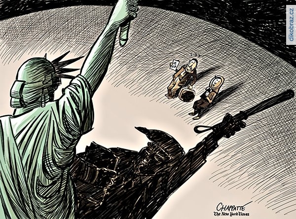 Chappatte č. - Zákaz muslimů do USA