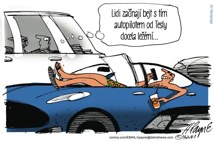 Henry Payne vtipy č.3708 - Autopilot tesla