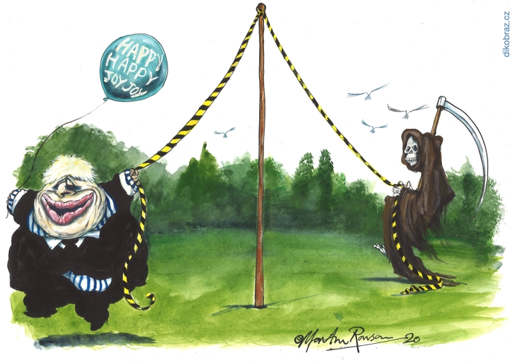 Martin Rowson vtipy č.9244 - Přístup Johnsona ke koronaviru