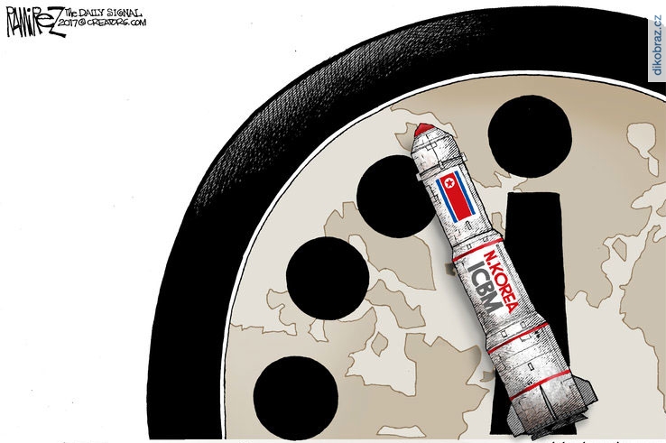 Michael Ramirez vtipy č. - Vypuštění mezikontinentální rakety Severní Koreou